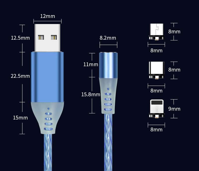 3 in 1 USB Ladekabel mit LED Licht und magnetischen Ladeaufsätzen