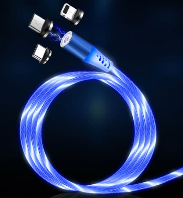 2 in 1 USB zu Typ-C / USB-C + Micro-USB Magnetische Absorption Buntes  Streamer-Ladekabel Länge: 1 m (blaues Licht)