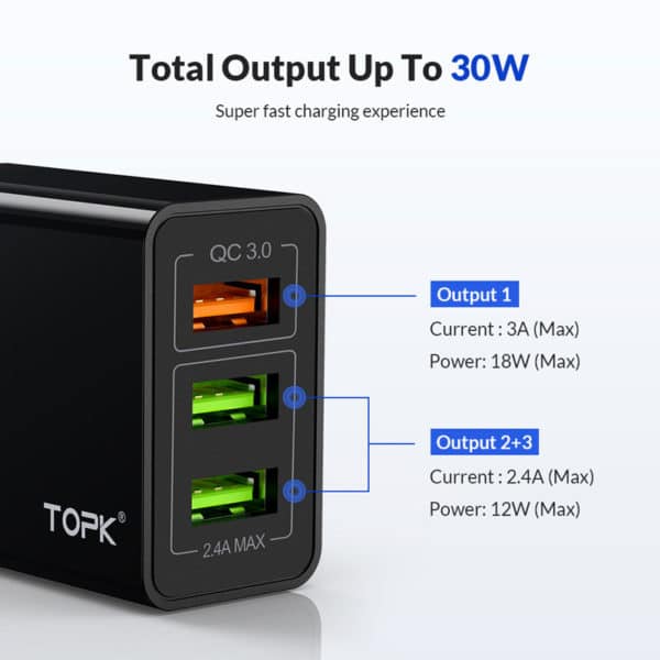 E-Shopper TOPK 30W 3-Port QC3.0 USB-Schnellladegerät